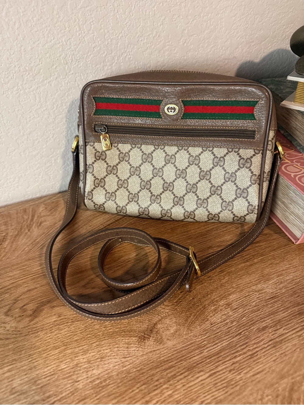Gucci Brown GG Canvas Ophidia Crossbody with Green-Red Web